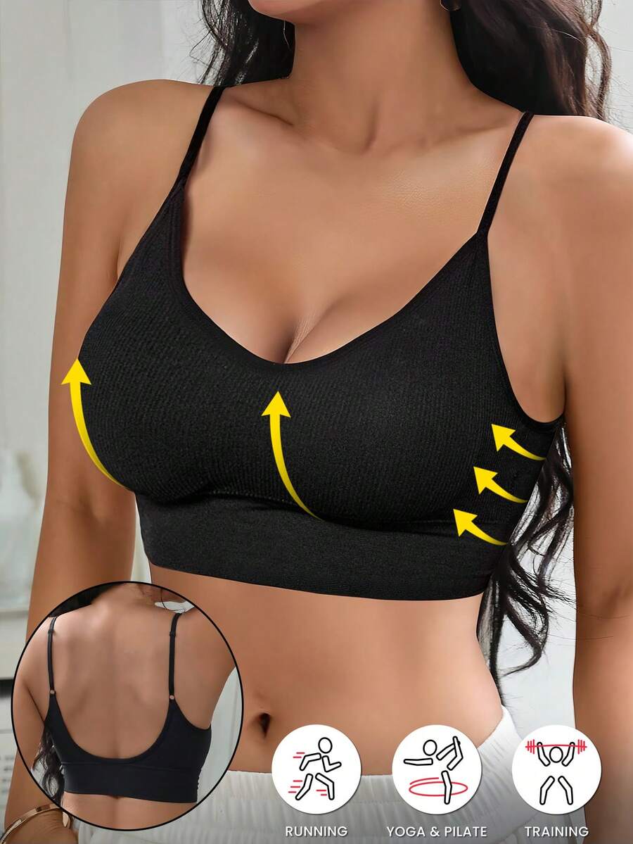 女士无钢圈瑜伽运动文胸纯色舒适健身胸罩上衣夏季聚拢健身跑步上衣内衣可调节细肩带加厚瑜伽健身服女式罗纹基本款胸罩吊带背心 - 黑色 - 查看 1