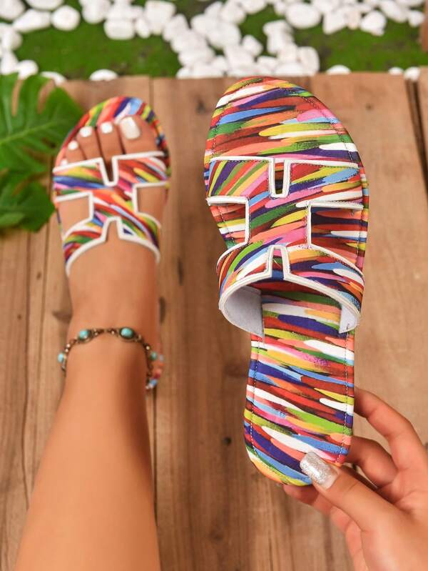 Women's Asymmetrical Rainbow Flat Sandals With Colorful Straps – Stylish Beach Shoes That Blend Fashion With Functionality. Women's Flat Sandals: Featuring Colorful H-Shaped Straps, These New Spring/Summer Beach Shoes Are Perfect For Parties And Make Great Birthday Gifts
