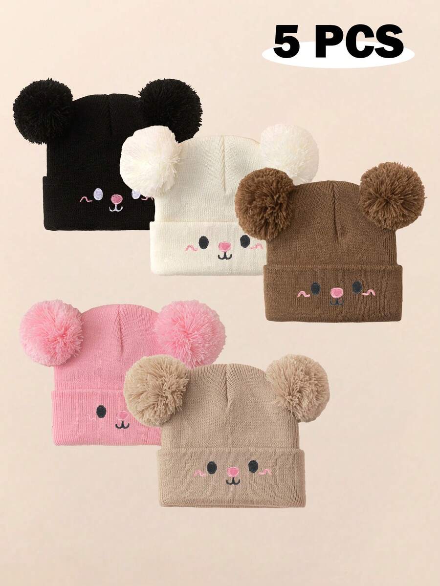 5 pezzi Cappellino neonato bambino, cappello in maglia per neonati, bambini piccoli e bambine, con doppio pon pon, accessori, cappello invernale caldo - Multicolore - Visualizzare 1