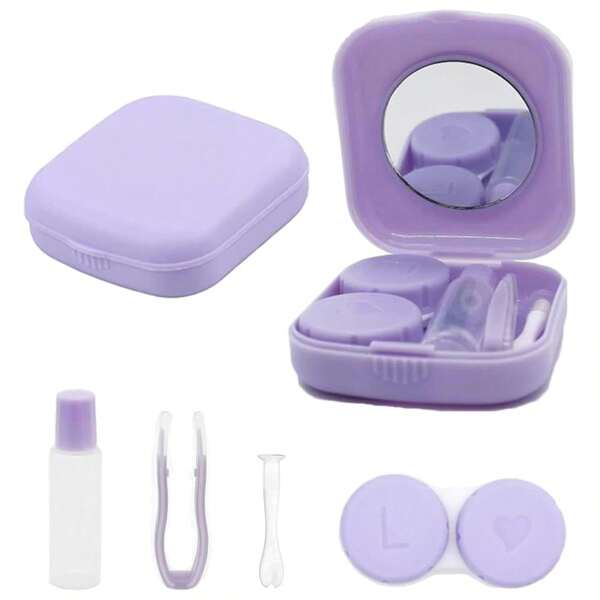 1 pieza Estuche para lentes de contacto, Portátil Higiene Contenedor de lentes de contacto Juego de viaje con espejo y pinzas de succión para lentes de contacto, Color Morado