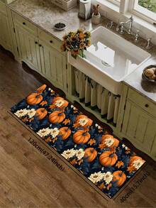 1pc Silica Gel Kitchen Floor Mat, Pumpkin & Floral Pattern, Deep Blue Background With Orange Pumpkins, Yellow Flowers And Green Leaves, Vibrant Autumn-Themed Decor, Suitable For Halloween And Fall Season
