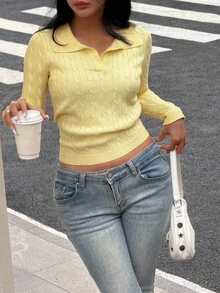 扭结细节 Polo 领长袖黄色针织上衣，简约时尚休闲日常穿着 - 黃色 - 查看 8
