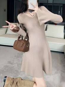 Alicedudu Women's Elegant Flare Sleeve Slim Fit Knit Dress, Autumn/Winter - Apricot - View 4