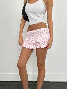 Layered Ruffle Mini Skirt For Women Summer Dots/Stripe/Heart Print/Solid Color High Waist Short Skirts - 粉色 - 查看 6
