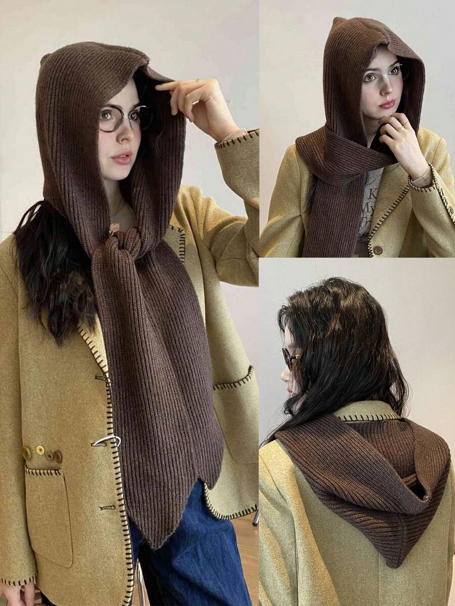 女士帽子围巾套装,针织连帽披肩,羊毛斗篷,冬季保暖帽,户外保暖迷你斗篷连帽衫,适合冬季防寒、海滩、旅行 - 一體圍巾 - 查看 1