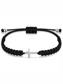 1 pieza Pulsera ajustable trenzada hecha a mano con colgante de cruz de plata con cuentas negras, adecuada para uso diario - Negro - Ver 1