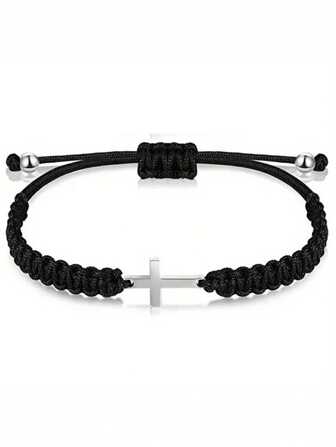 1 pieza Pulsera ajustable trenzada hecha a mano con colgante de cruz de plata con cuentas negras, adecuada para uso diario