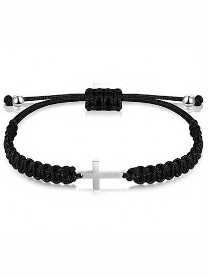 1pc Black Beaded Silver Cross Pendant Handmade Braided Adjustable Bracelet, Suitable For Daily Wear