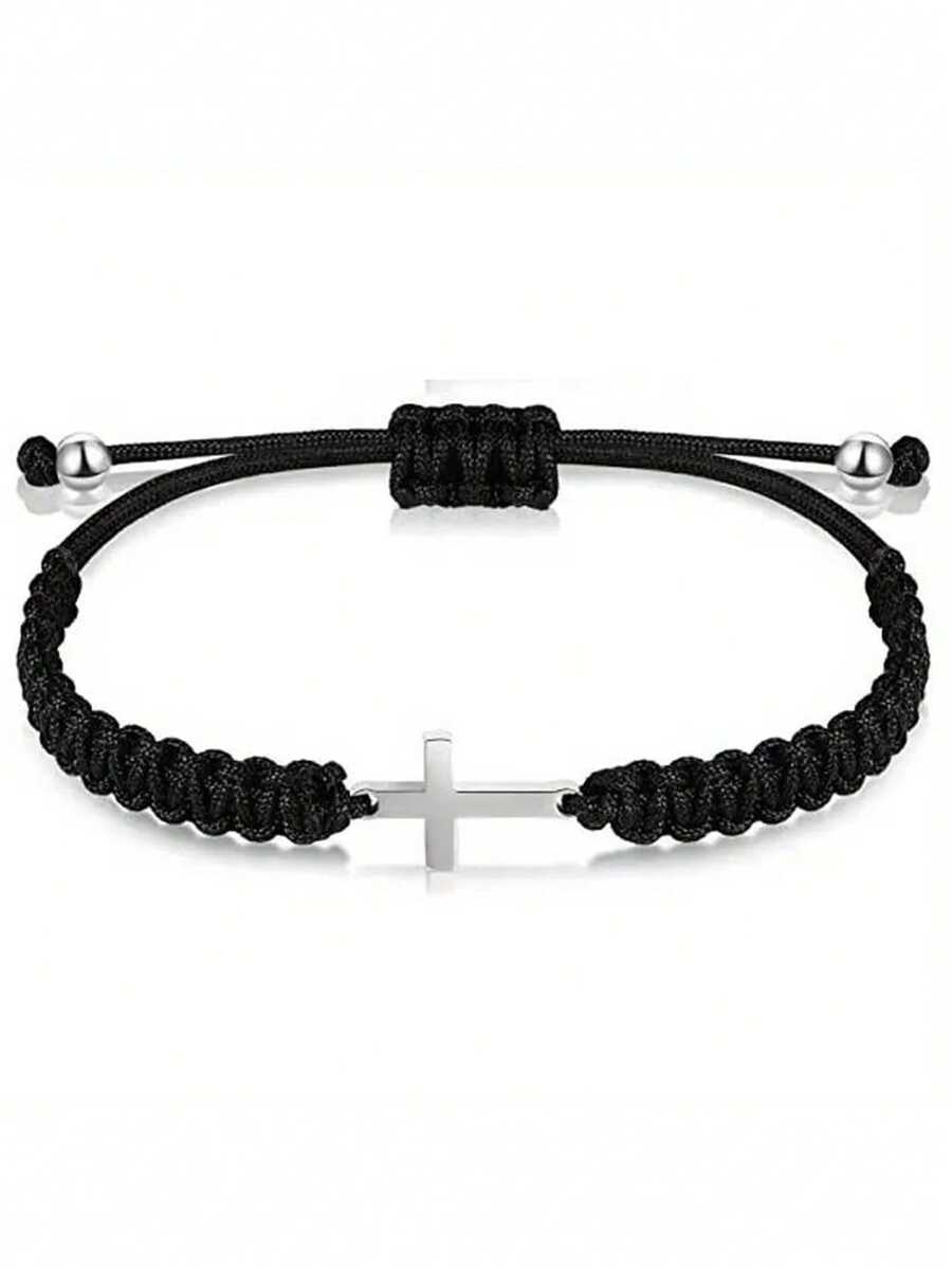 1 pieza Pulsera ajustable trenzada hecha a mano con colgante de cruz de plata con cuentas negras, adecuada para uso diario - Negro - Ver 1