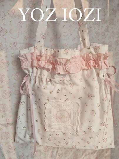 回到学校复古花卉帆布手提包，大容量适合大学生，撞色手提包，女士百搭单肩包，校园手提包