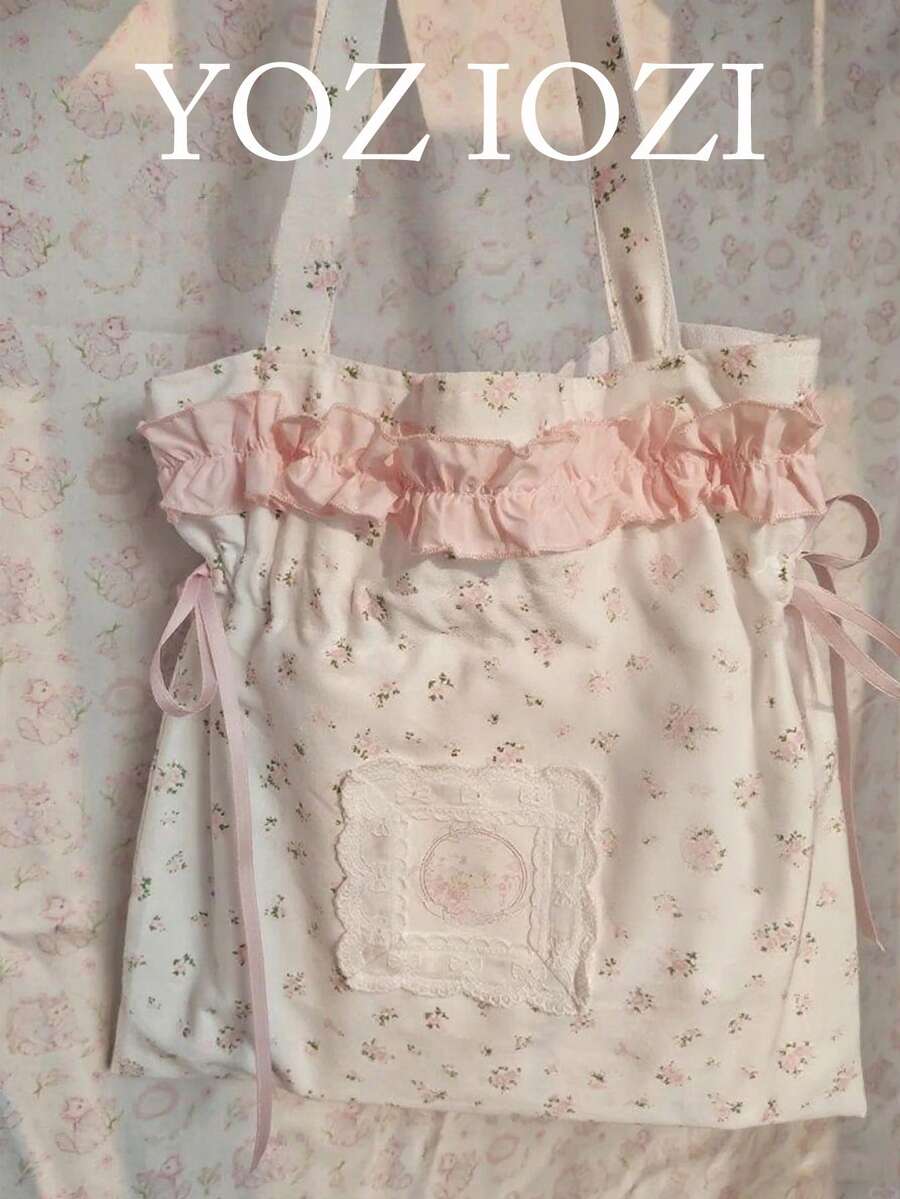 Back To School Vintage Floral Canvas Tote Bag, Large Capacity Suitable For College Students, Contrast Color Handbag, Versatile Shoulder Bag For Women, Campus Tote Bag - Pink - View 1