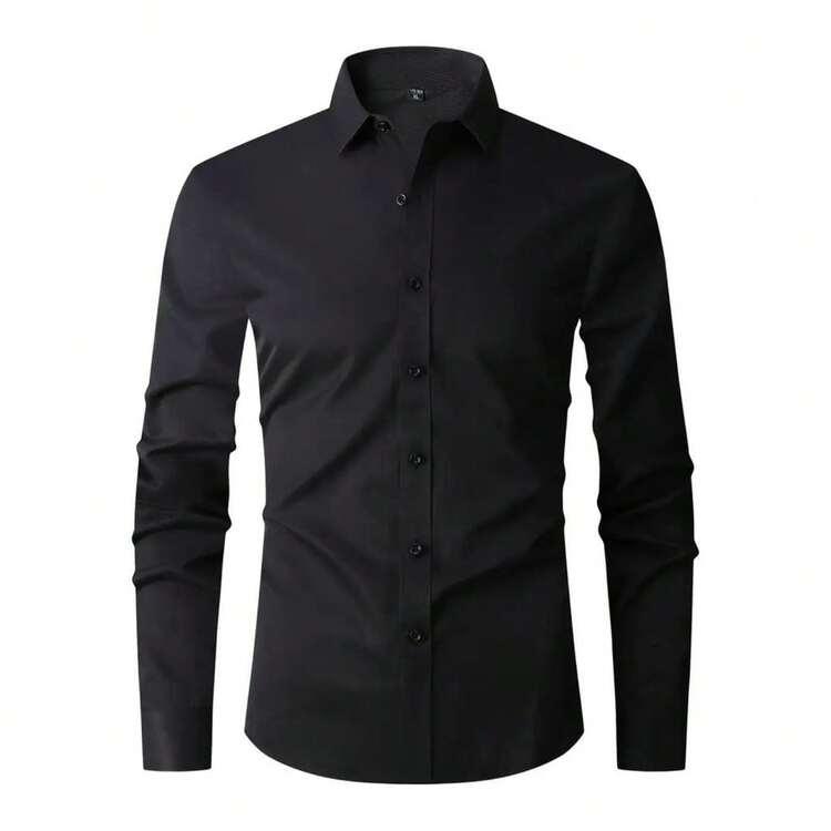 Men's Long Sleeve Slim Dress Shirt, Wrinkle-Free Elastane Fabric - màu đen - Xem 2