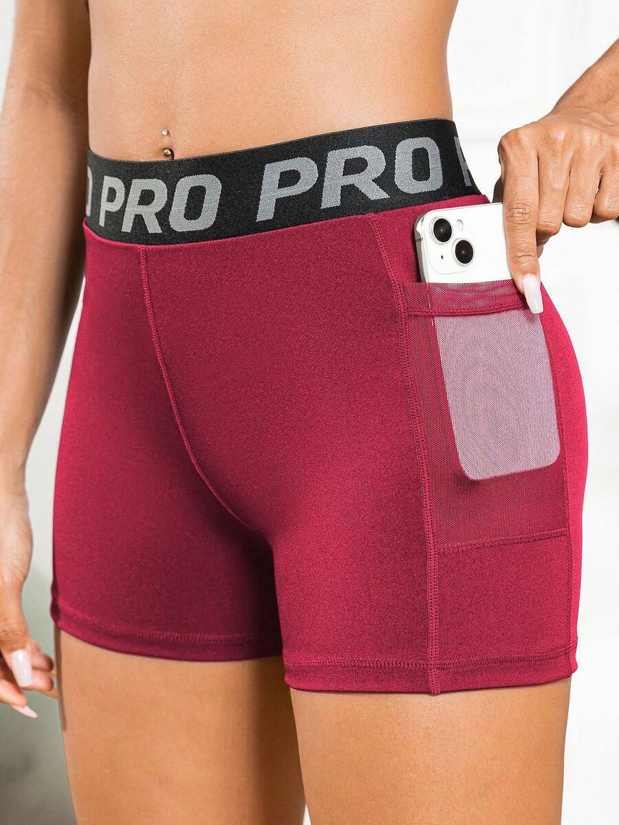 High Waist Women's Yoga Shorts With Tummy Control - Letter Graphic Butt Lifting Gym Activewear With Mesh Pocket - Burgundy - View 1