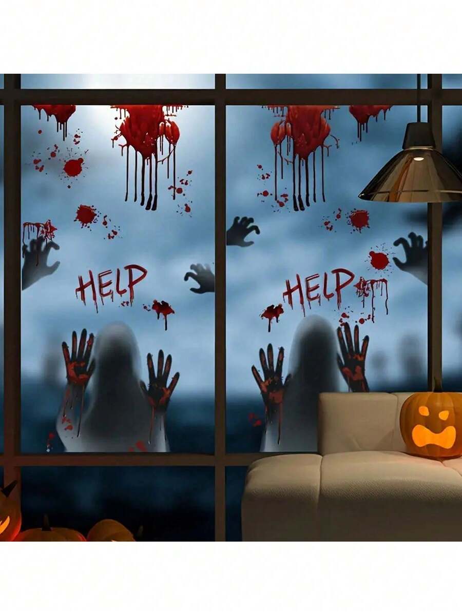 4 Stück/Set Halloween Horror Fensteraufkleber, Heimdekoration, Schrank, Feiertagsfeier, Halloween Party Dekoration, gruselige Atmosphäre Aufkleber, Familientreffen, Glastür, Szenenatmosphäre Anordnung, Themenparty - Verschiedenfarbig - Übersicht 1