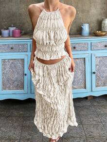 2-Piece Chiffon Ruffled Lace Trim Spaghetti Strap Backless Maxi Dress Set, Romantic Elegant Outfit Suitable For Carnival Party, Party, Gothic Style, Wedding, Spring/Summer 2026, Wedding Season, Music Festival, Back To School Season - Beige - View 6