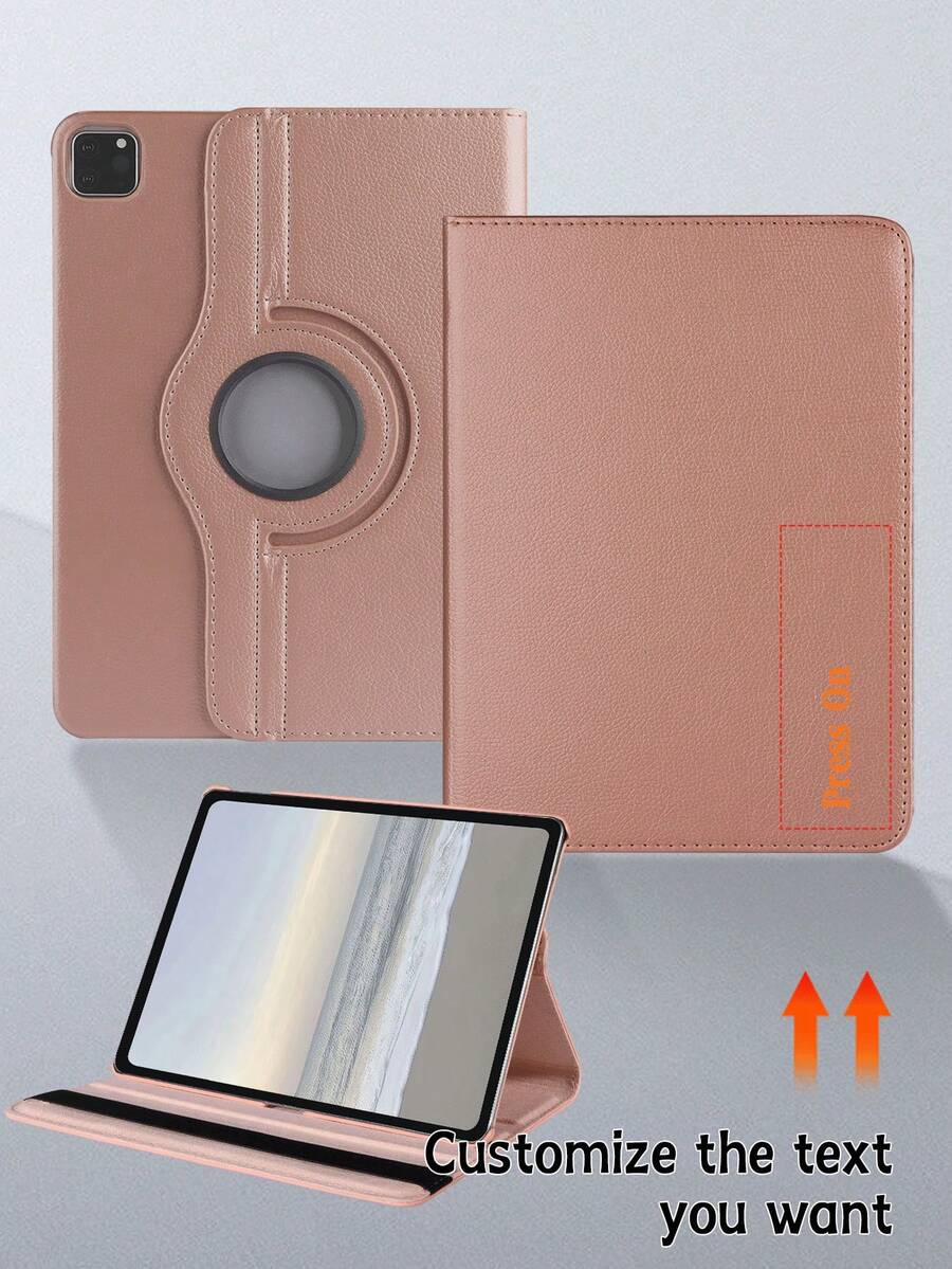 360° Rotatable Litchi Texture Tablet Case, Rose Gold, Customizable Text, Suitable For IPad Mini 6/7, 9.7, 10.2, 10.5, Air 4/5, 10th, 10.9, Pro 11", Air 11" (M2) 2024, Pro 11" (M4) 2024, Air 11" (M3) 2025, 11" (A16) 11th Gen 2025, 3-Angle Stand, Elastic Band, PU Leather, Auto Sleep/Wake