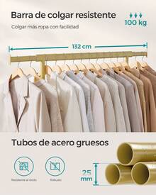 Burro Ropa con Ruedas, Perchero Burro Extensible con Carga Pesada, Capacidad de Carga Máx. de 100 kg, Fácil de Montar, Portátil, Oro Pálidom,Vuelta al Cole - Dorado - Ver 4