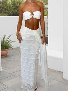 Women Summer Outfits Cute Shells Crop Bandeau Tops And Elastic Tie Front Skirt Set For Streetwear Aesthetic Clothes - 白色 - 查看 5