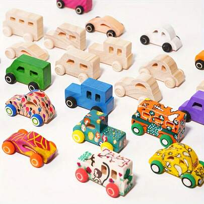 8pcs Wooden DIY Car Model Kit Set, Unfinished Wooden Vehicles For Painting, Suitable For Family Arts & Crafts, Ideal For Home Creation & Decor, Wooden Craft Tool Set, Non-Plush, Standalone