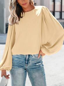 Womens Tops  Fall Puff Long Sleeve Chiffon Work Blouses Dressy Casual Crewneck Flowy Shirts Fall Outfits - Màu be - Xem 1