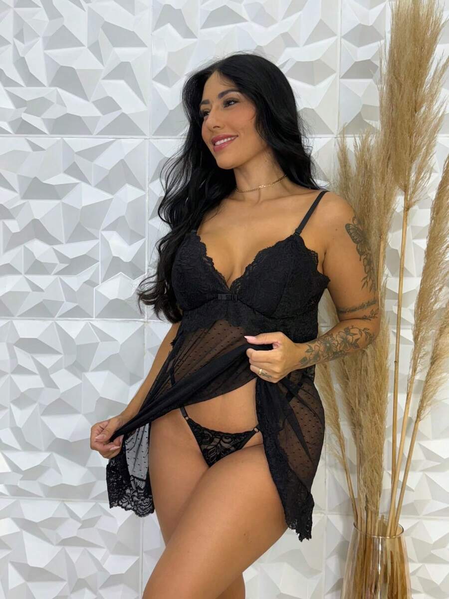 Women's Nightwear Nightgown With Tulle And Lace Thong - 黑色 - 查看 1