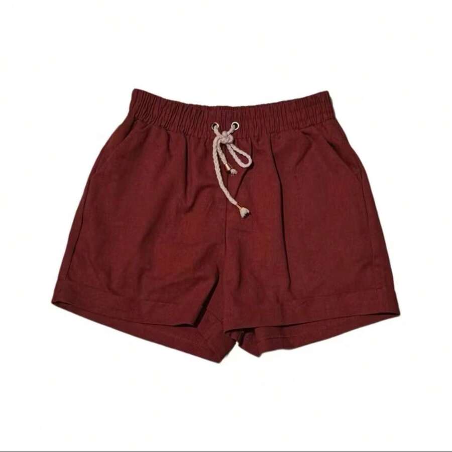 Women's Short Linen Shorts With Elastic Waistband - Burgundy - View 1