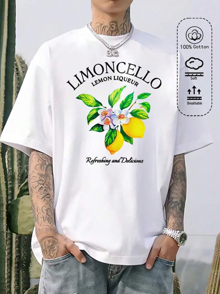 Camiseta de algodón para hombre, estampado de limón fresco de verano, ropa deportiva nueva de primavera y verano de estilo universitario para hombre, camisetas blancas de manga corta para hombre suaves y transpirables de moda. - Blanco - Ver 1