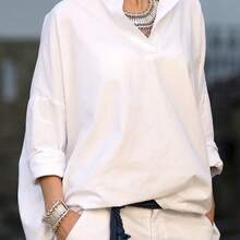 大码女式休闲纯色百搭优雅长袖衬衫，舒适大码V领长袖衬衫，落肩设计，半透明梭织面料，白色春季款 - 白色 - 查看 4