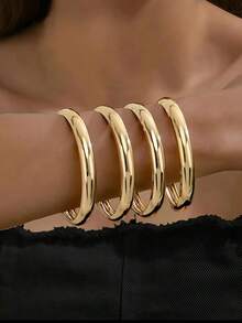 4pcs Gold Tone Chunky Bangle Bracelets, Fashionable Exaggerated Stacking Cuff Wristbands - 4 Smooth Bracelets - View 6