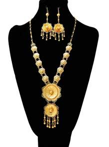 3 件时尚优质项链耳环套装铜镀金玫瑰花朵图案硬币链首饰套装适合女性婚礼首饰节日礼物