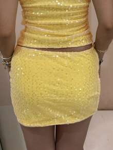 Sequin Mini Skirt For Women Summer Fashionable Versatile Solid Color Low Waist Bodycon Skirt - 黃色 - 查看 6