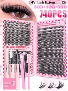 740/280PCS D Curl Individual Lash Clusters 30D+40D+50D 3 Styles 9-16mm Lash Clusters Natural Look&Waterproof&Super Light Reusable Individual Segmented False Eyelashes Eyelash Extension Kit With Make Up Tools Bond And Seal&Lash Tweezer&Lash Brushes For Self Use At Home For Daily Life&Wedding&Dating&Party&Travel