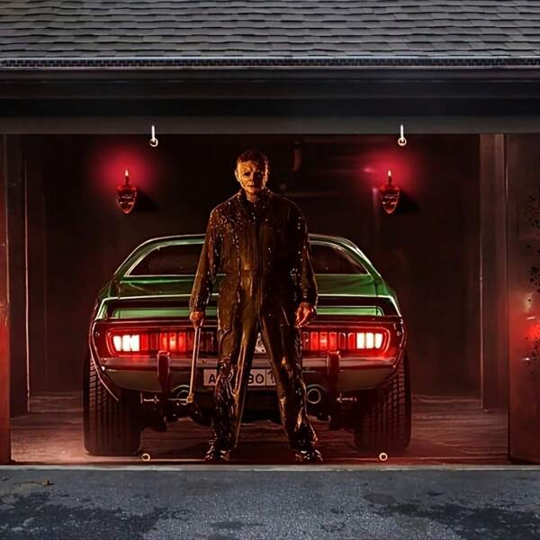 Halloween Horror Movie Killer Garage Door Banner - Classic Scary Character Design, Outdoor Party Decoration, 157.48" X 70.86", Polyester