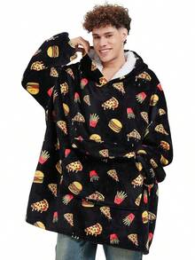 Glow In Dark Game Controller Wearable Blanket Hoodie Adult,Oversized Sherpa Fleece Blanket Hoodie Women Men,Gamer - Black Pizza - View 7