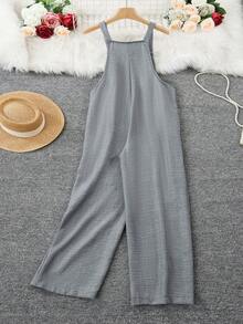 大码纯色梭织面料纽扣口袋女式连体裤，适合度假、日常穿着、生日派对、返校派对、单身派对、旅行，四季皆宜，仿牛仔春季款 - 淺灰色 - 查看 5