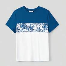 PatPat Family Matching Plant Print Splice Belted Tank Dresses And Color Block Short-Sleeve T-Shirts Sets - 藍色 - 查看 3