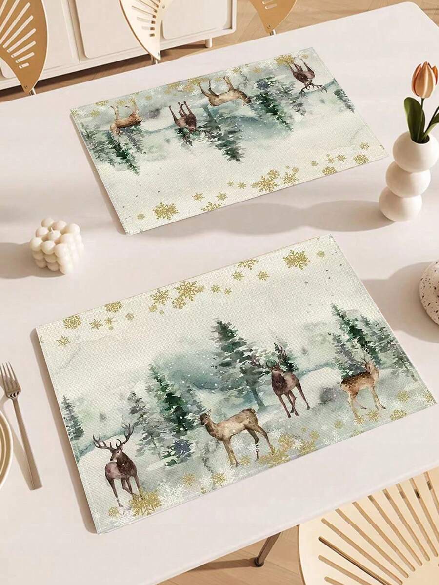 Christmas 2pcs/4pcs/6pcs Linen Placemat, Watercolor Print Pattern Placemat 12*18 Inch Heat Resistant, Non-Slip & Washable, Suitable For Christmas Holiday Farmhouse Family Gatherings And Party Decoration Placemats