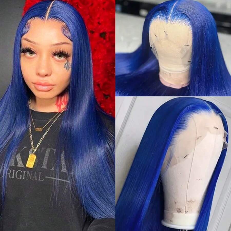 Purple Color Lace Front Wigs Pre Plucked Hairline Long Straight Wigs For Fashion Women Girls Party Daily Wear Glueless Dark Purple Lace Front Synthetic Wigs 13x4 Free Part Heat Resistant Fiber Hair 28 Inch 180% Density - 藍色 - 查看 1