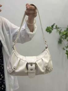 Y2K 女款复古梅洛色做旧软皮机车包，铆钉装饰，带扣装饰，褶皱云朵肩包/腋下包，法棍形方形包，适合工作、通勤、约会、派对 - 白色 - 查看 5