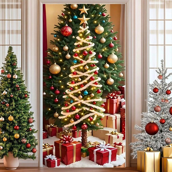 1 pezzo Tenda per porta in materiale di poliestere, stile natalizio, facile da installare e smontare, resistente alle macchie e facile da pulire, decorazione per il festival di Natale, decorazione da appendere in casa, adatta per la decorazione esterna.