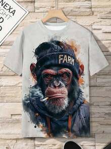 3D 数码印花吸烟大猩猩图案男士 T 恤，休闲舒适圆领短袖套头衫，适合夏季户外活动 - 灰色 - 查看 3