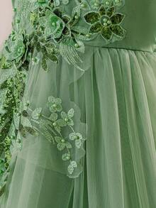 Tween Girls Sequin & Faux Pearl Applique Tulle Puff Party Princess Dress, Suitable For Birthday Celebration, Prom, Faux Pearl Decor, No Headband Included - màu xanh lá - Xem 7