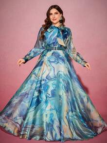 大码女士长款优雅连衣裙，缎带领，随机波浪印花，水钻腰带装饰，春假款 - 彩色 - 查看 1