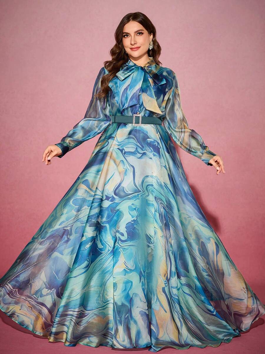 大码女士长款优雅连衣裙，缎带领，随机波浪印花，水钻腰带装饰，春假款 - 彩色 - 查看 1