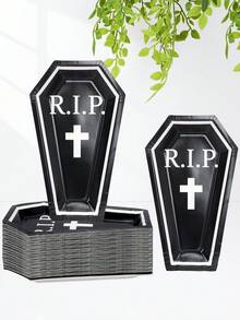 10 buc/20 buc/50 buc Halloween farfurie de hârtie în formă de sicriu RIP farfurie alb-negru farfurie de cină pentru Halloween petrecere consumabile decor de masă