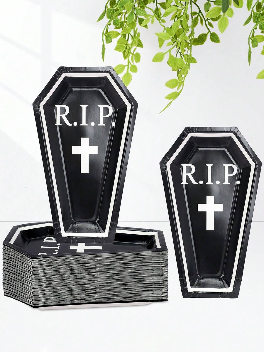 10 buc/20 buc/50 buc Halloween farfurie de hârtie în formă de sicriu RIP farfurie alb-negru farfurie de cină pentru Halloween petrecere consumabile decor de masă