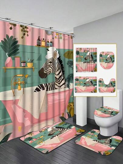 1/4pcs Zebra & Floral Print Watercolor Design Waterproof Shower Curtain, Decorative Bathroom Curtain With 12 Hooks, Bathtub Divider, Modern Home Bathroom Decor, Polyester Fabric, Machine Washable, Grommet Top, Unlined, Suitable For Hotel Apartment Bathroom Decoration, Bathroom Accessories, Great Gift, 35inX70in, 47inX70in, 59inX70in, 70inX70in