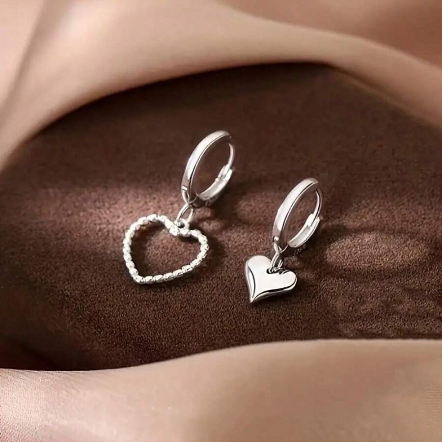 Chunky Heart Small Hoop Earrings Silver Plated Asymmetric Dainty Hollow Love Heart Geometric Dangle Drop Earrings For Women Minimalist Birthday Valentine's Day Christmas Fashion Jewelry Gifts - 心型 - 查看 1