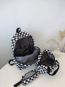 3件套返校背包套装，个性化时尚大容量背包+手提包+铅笔盒，多功能背包带笔记本电脑隔层，格子图案耐用尼龙书包，可调节肩带，防水，宽敞多口袋，轻便易携，拉链设计，适合女性、青少年和男性，也适合户外旅行、中学、高中和大学使用。 - 黑色 - 查看 9