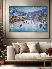 1pc Vintage Christmas Wall Art Christmas Snow Landscape Village Night Stars Poster Canvas Prints Painting Modern Winter Home Decoration, Ice Skating Oil Painting Horizontal Print Winter Night Canvas Wall Art Mountain Village Decor Christmas Decorations Room Decor